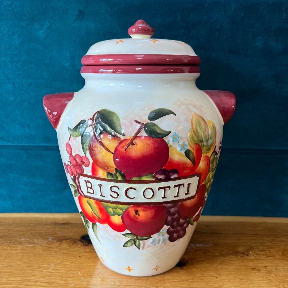 Tuscan Handmade and Hand Painted Ceramic Italian Biscotti Cookie Jar - Picture 2 of 14
